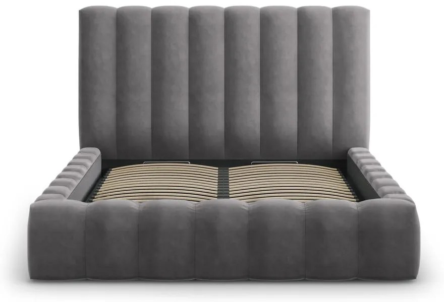 Szare tapicerowane łóżko dwuosobowe ze schowkiem i stelażem 200x200 cm Kelp – Micadoni Home
