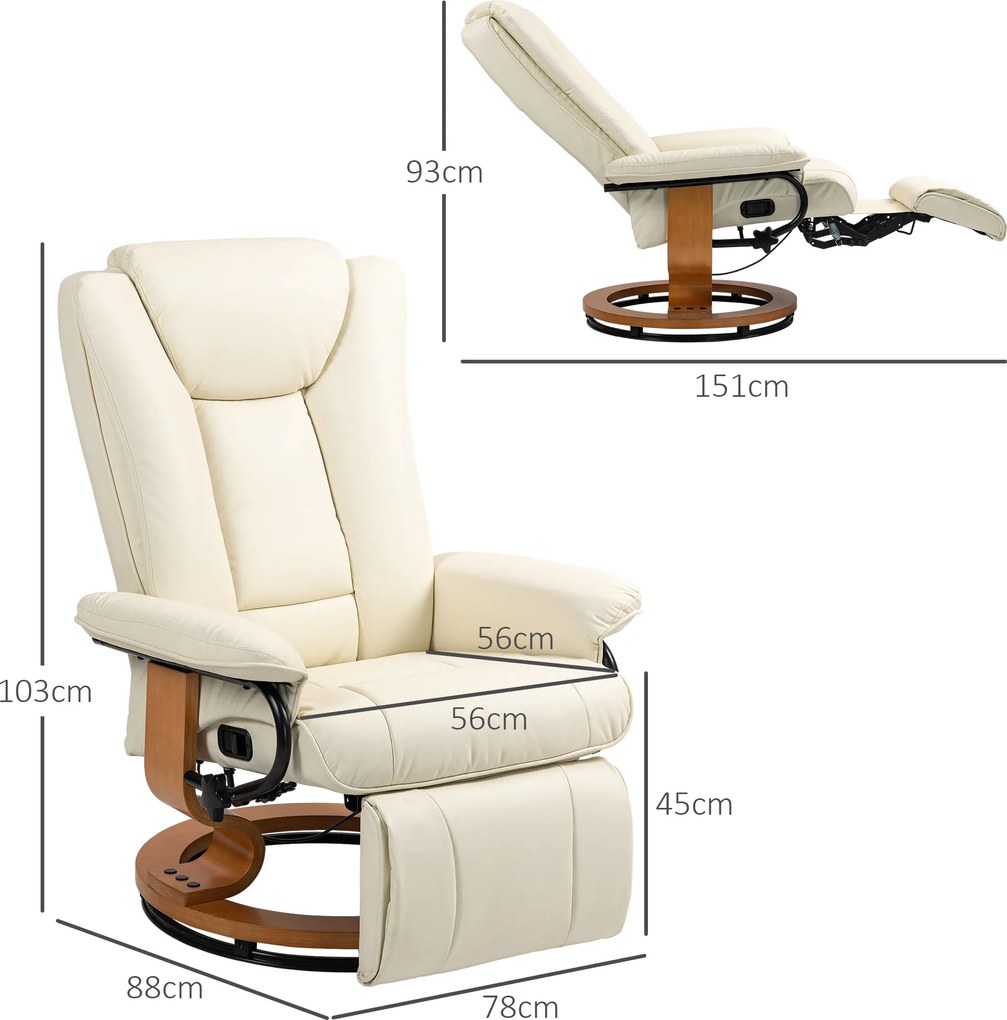 HOMCOM Obrotowy fotel relaksacyjny z funkcją leżenia, do 150 kg, obicie z ekoskóry, rama stalowa, kremowy