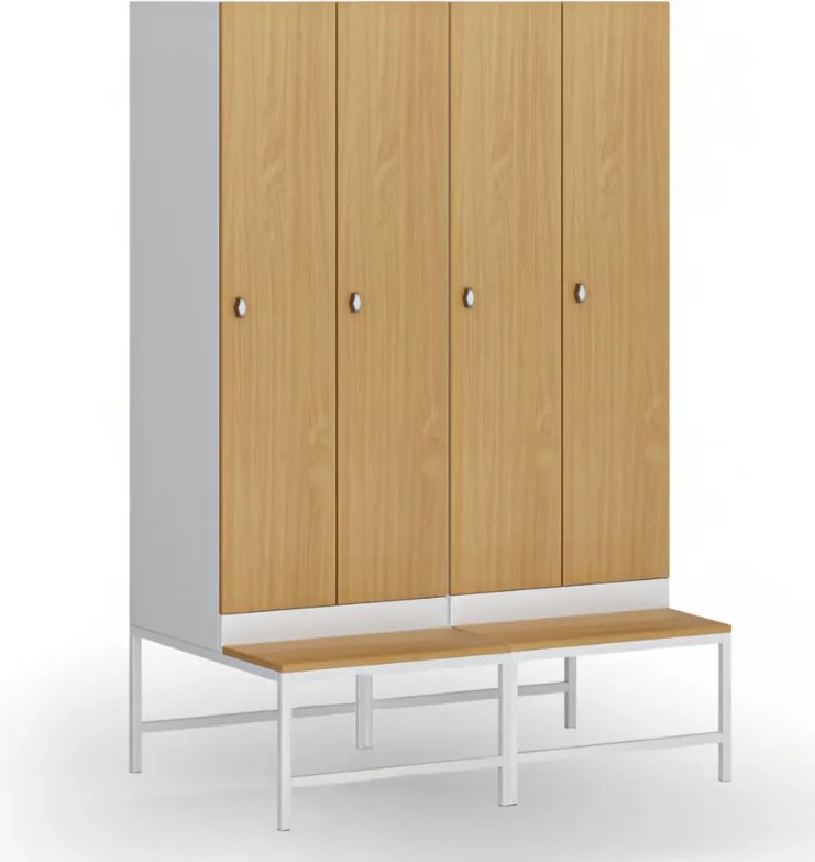 Szafka ubraniowa S1 z ławką, 2-drzwiowa, 1875 x 600 x 500/800 mm, zamek obrotowy, drzwi laminowane, biała