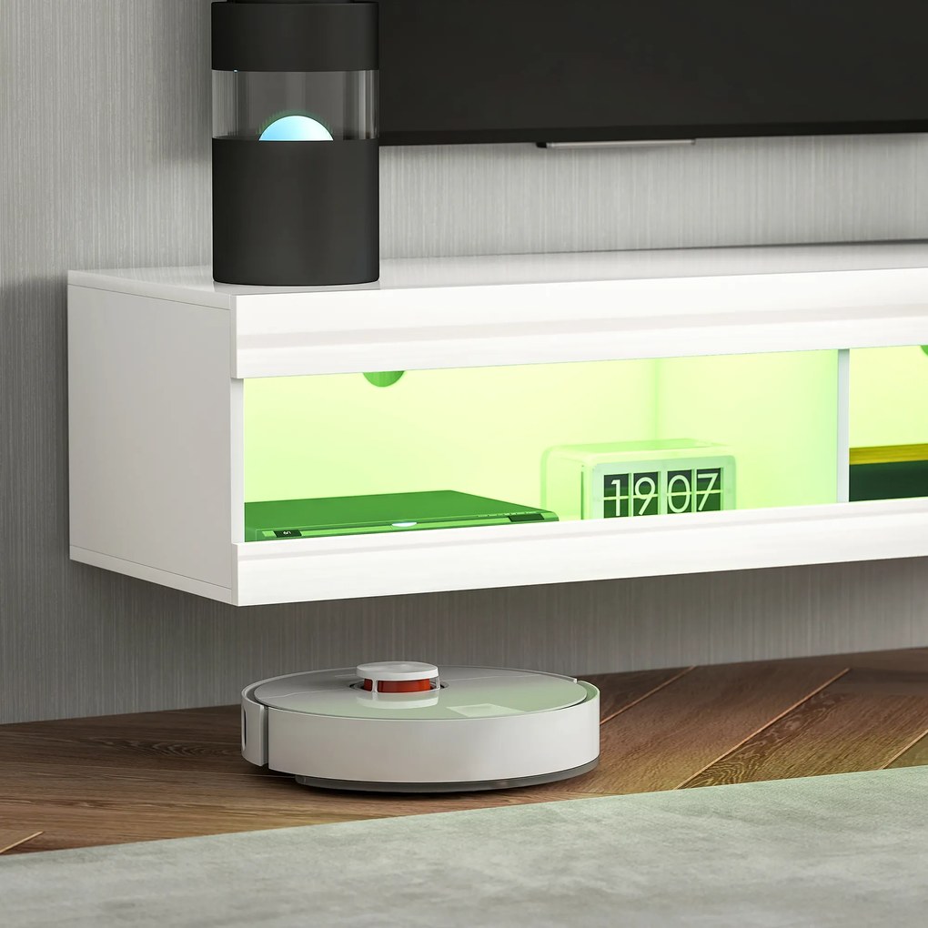 HOMCOM Szafka na telewizor, Wiszące stoisko telewizyjne z oświetleniem RGB LED w 16 kolorach, Stojak na telewizor z otwartą przestrzenią, dla telewizorów od 55 do 60 cali, do salonu, sypialni, 140 x 40 x 30 cm, Połysk biały