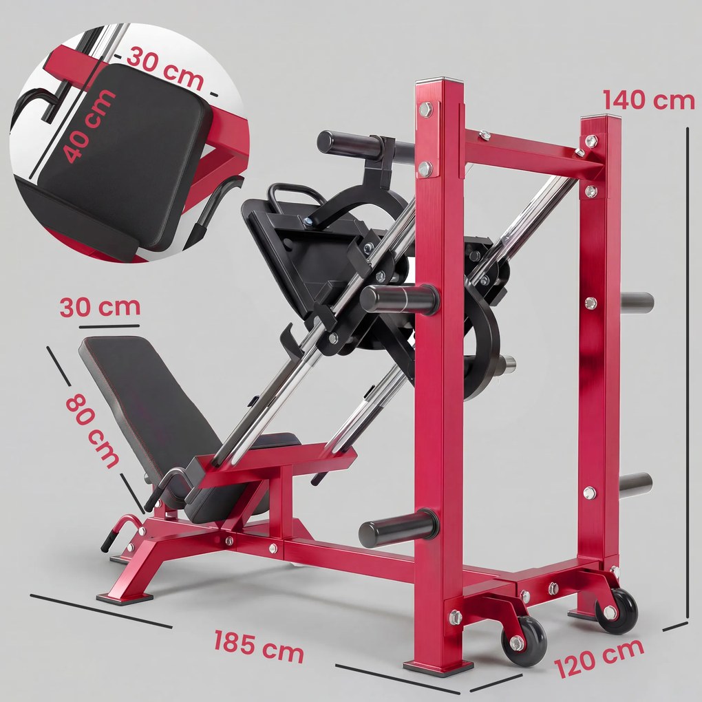 SPORTNOW Profesjonalna prasa do nóg urządzenie treningowe nogi i Hack Squat 455 kg regulowana 185x120x140 cm Czerwony | Aosom PL