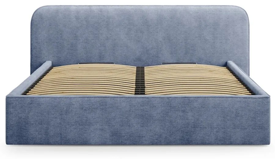 Ciemnoniebieskie tapicerowane łóżko dwuosobowe ze schowkiem i stelażem 200x200 cm Elizabeth – Micadoni