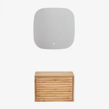 Zestaw Wiszących Mebli Łazienkowych Z Drewna Deleyna Naturalna & Without Sink & Kwadratowa Lampa Led I Przeciwmgielna 75x75 Cm Riben & Bez Kranu -