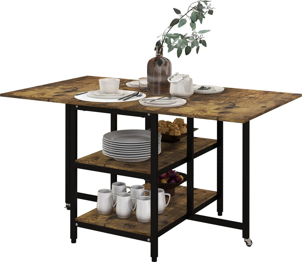 HOMCOM Stół składany do jadalni z kółkami i regulacją nóżek styl industrialny 140x80x75 cm brązowy czarny | Aosom PL