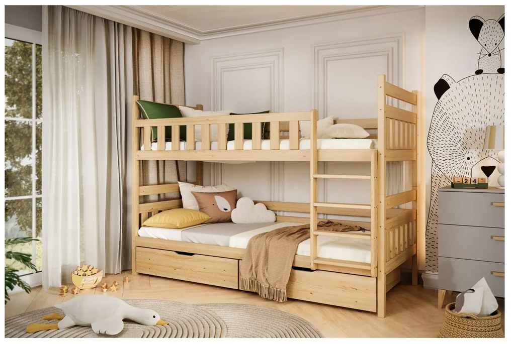 Łóżko piętrowe BARTEK 200x90 sosna lakierowana drewniane z szufladami KOCOT KIDS