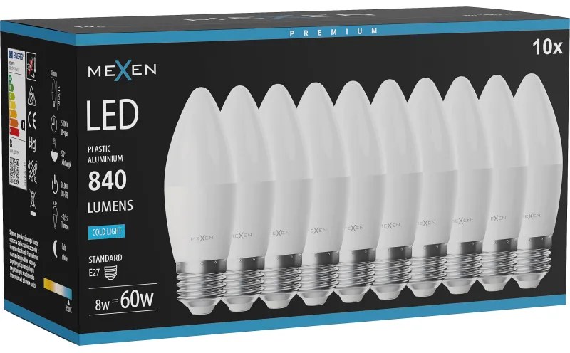 Mexen Nova 10x żarówka LED E27, C37, 8W, Zimna - 6500K, 840 lm - L102-E27-0865-01x10