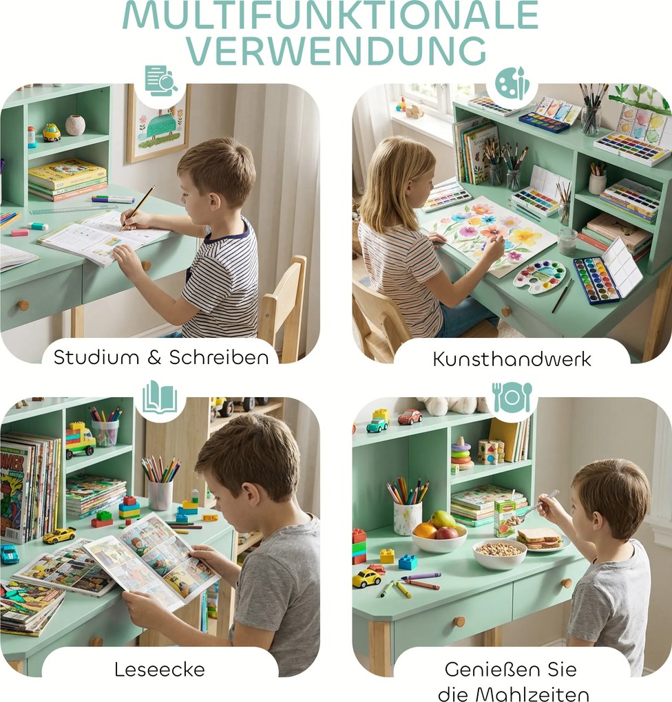AIYAPLAY Biurko dziecięce z szufladami i półkami dla dzieci 5-12 lat 90 x 52 x 105 cm Zielony | Aosom PL