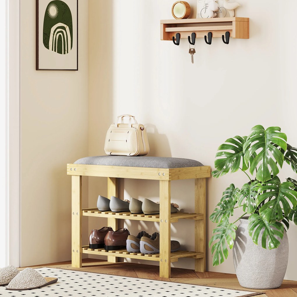 HOMCOM Ławka na buty z siedziskiem, bambusowa ławka z miejscem na obuwie, 2 otwarte półki, 60 x 29 x 49 cm, szara | Aosom PL