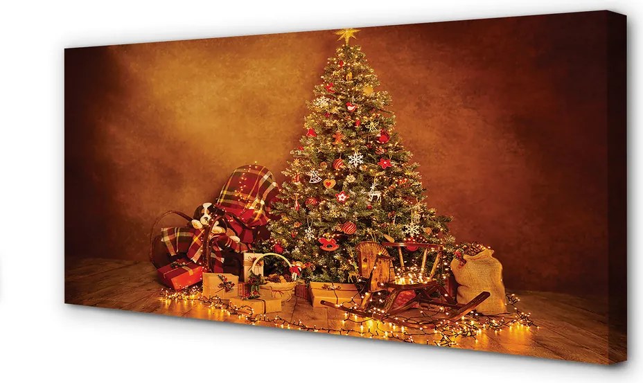 Obraz canvas na ścianę Choinka, Prezenty, Lampki i Dekoracje