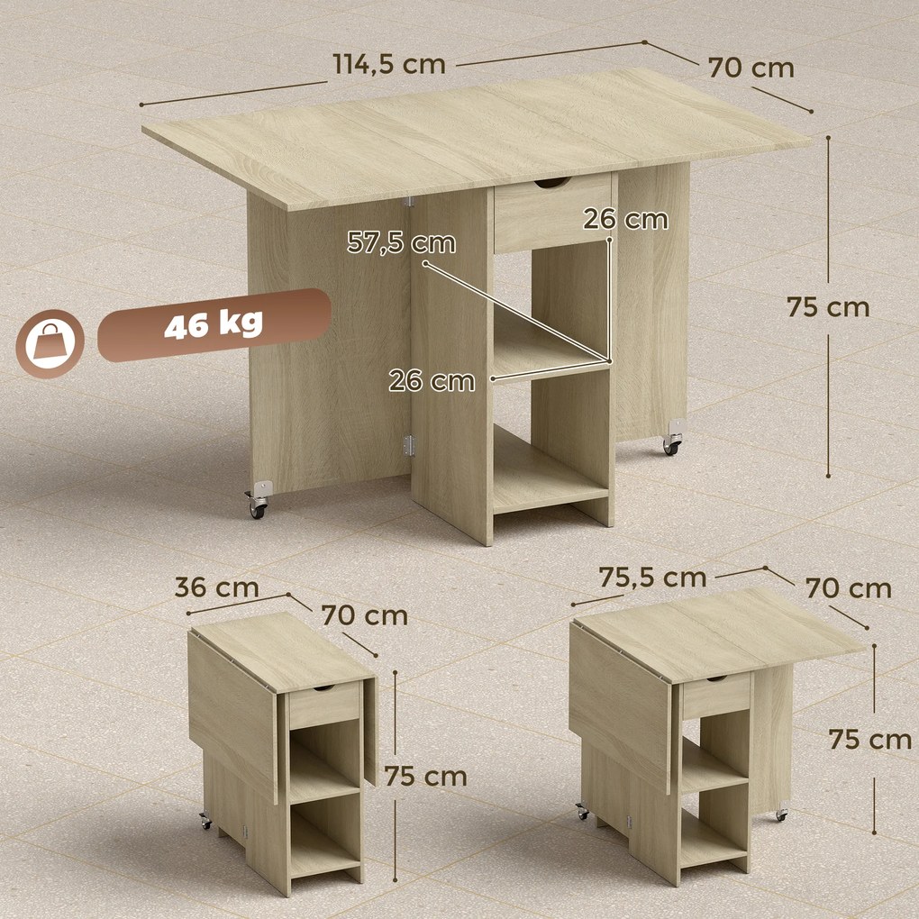 HOMCOM Rozkładany stół jadalniany dla 2–4 osób, stół na kółkach z otwartą półką i szufladą, idealny do małych przestrzeni, naturalny | Aosom PL