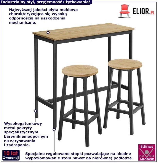Loftowy stół barowy do kuchni z 2 stołkami dąb sonoma P3-E92