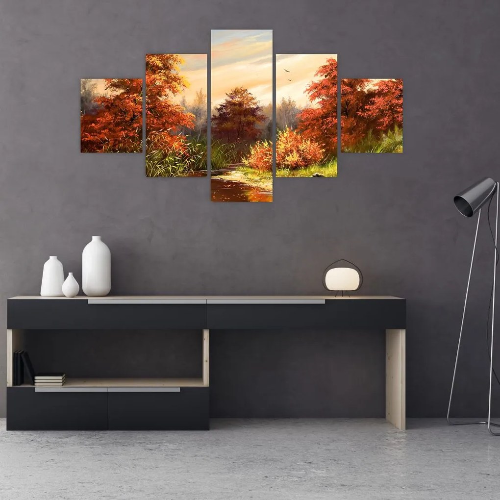 Obraz rzeki w jesiennym krajobrazie, obraz olejny (125x70 cm)