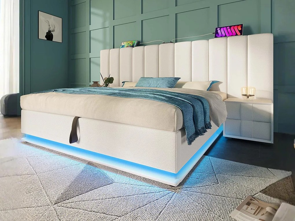 Łóżko tapicerowane z ekoskóry 160×200cm - z LED i ładowaniem - z stelażem na listwach - Białe