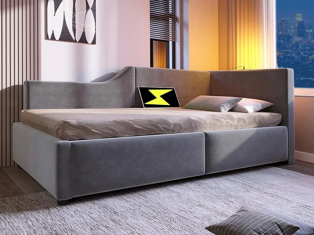 Łóżko 90x200cm - Łóżko tapicerowane welurem - z lampką do czytania i portami ładowania - z stelażem na listwy - Szary