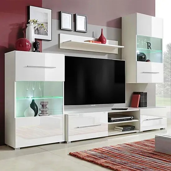 5 elementowy zestaw mebli do salonu z podświetleniem led biały połysk K4-H26