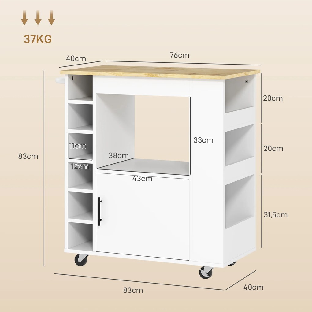 HOMCOM Wózek kuchenny, Przenośna Wyspa Kuchenna, Trolley Kuchenny z półkami, Regałami na Wino, Szafką i Blatem, Biały