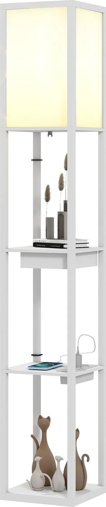 HOMCOM Lampa stojąca z 3-poziomowym regałem, przełącznik nożny, porty USB, MDF, Biała | Aosom PL