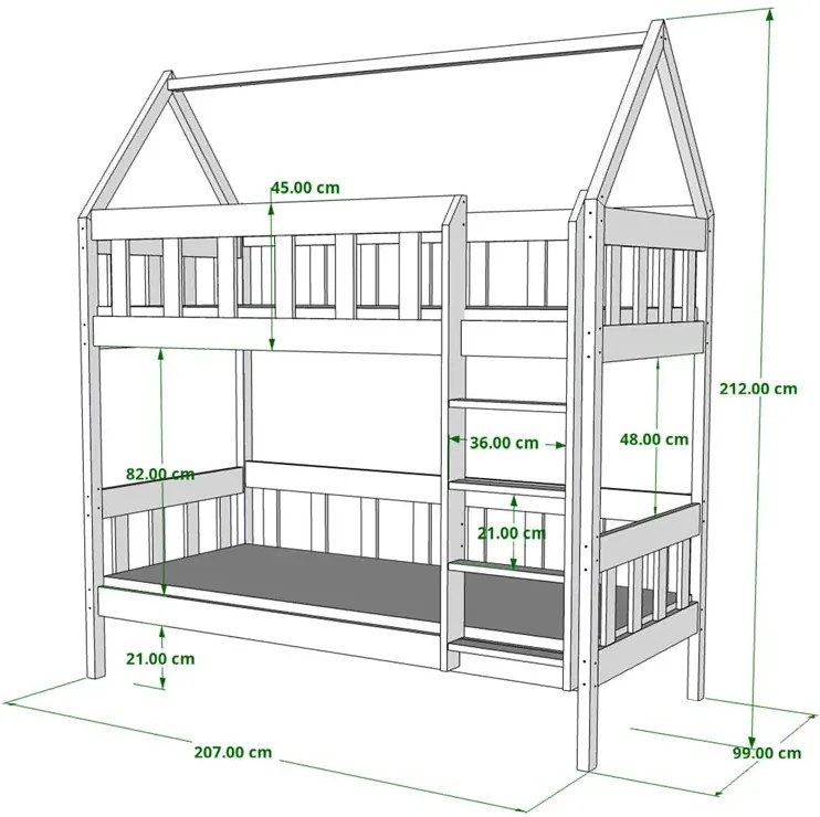 Szare piętrowe łóżko dziecięce domek dwuosobowe M0-W45