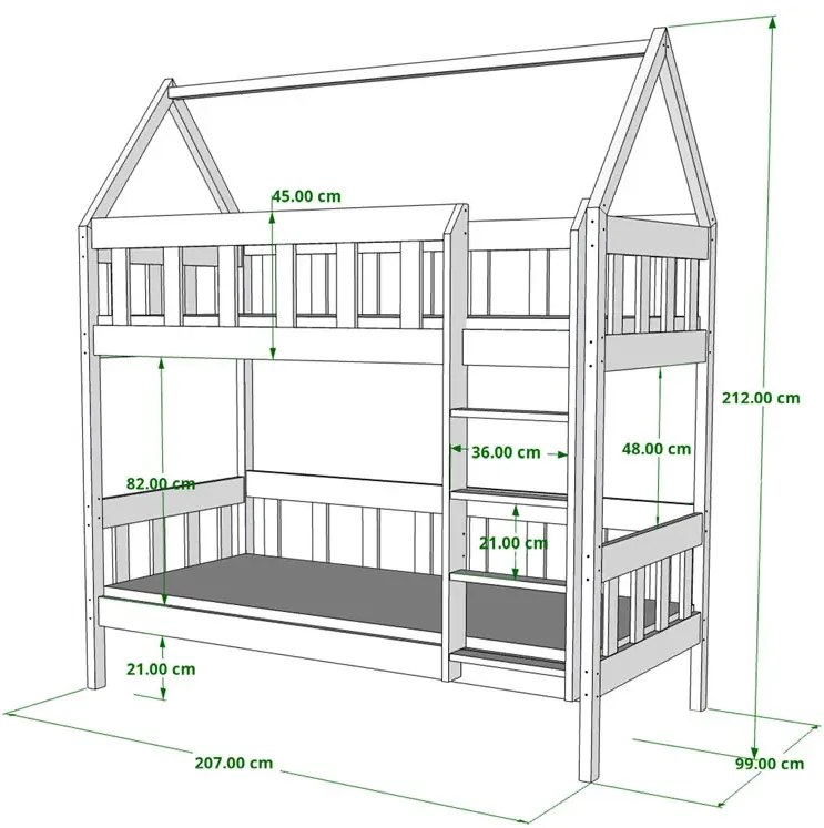 Szare piętrowe łóżko dziecięce domek dwuosobowe - Varcon 3X 200x90 cm