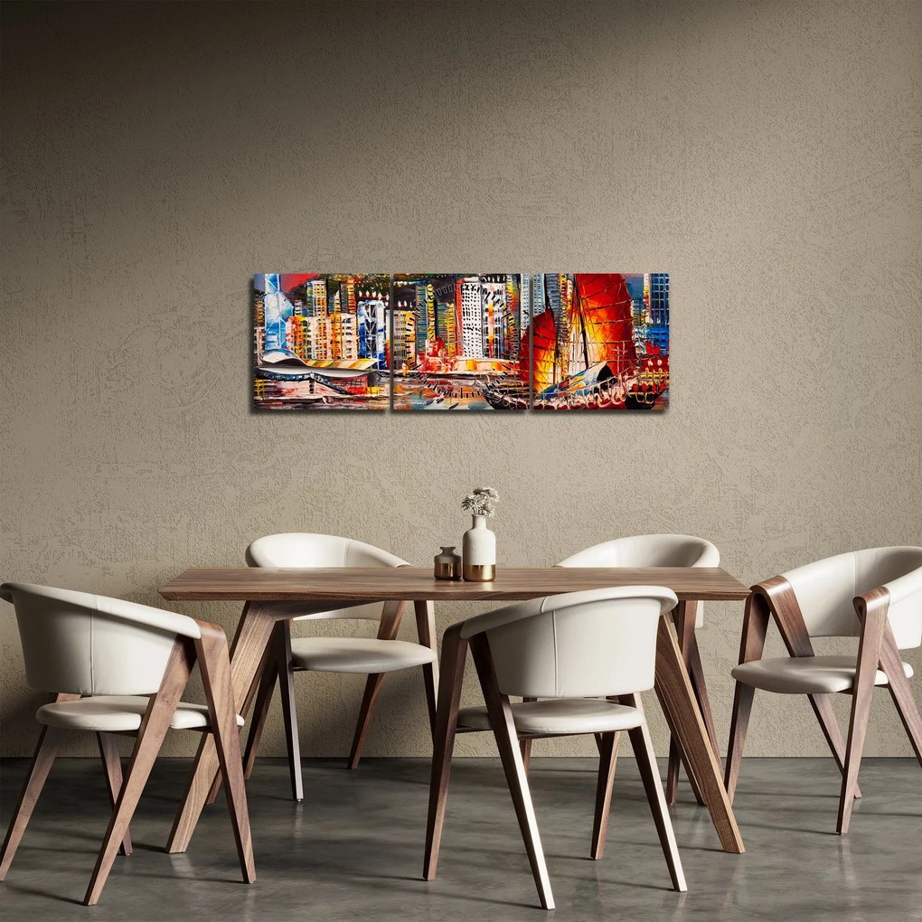 Obraz - Victoria Harbor, Hong Kong, obraz olejny (z zegarem) (90x30 cm)