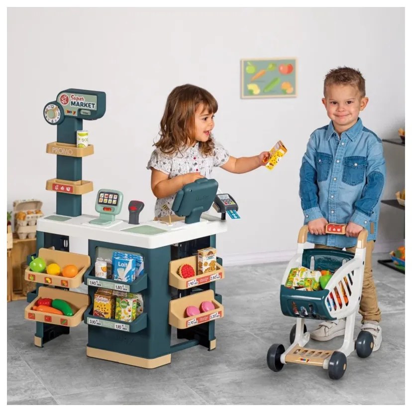 Smoby sklep supermarket z wózkiem kasą i elektronicznym skanerem