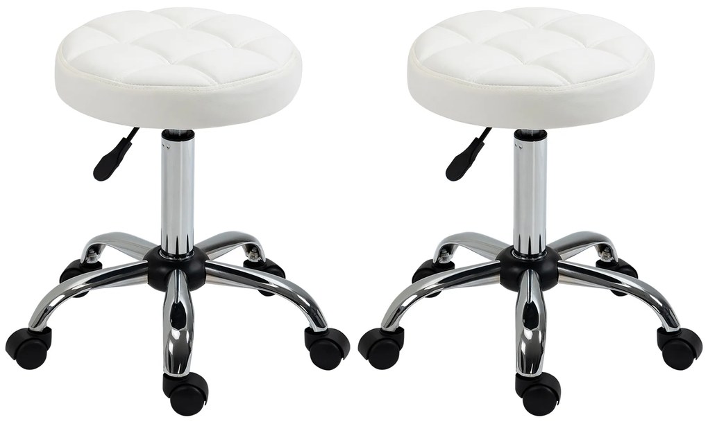 HOMCOM Stołek obrotowy, Stołek salonowy, regulowany, sztuczna skóra, pikowany wzór, Ø35,5 x 48-63 cm, Biały/Srebrny