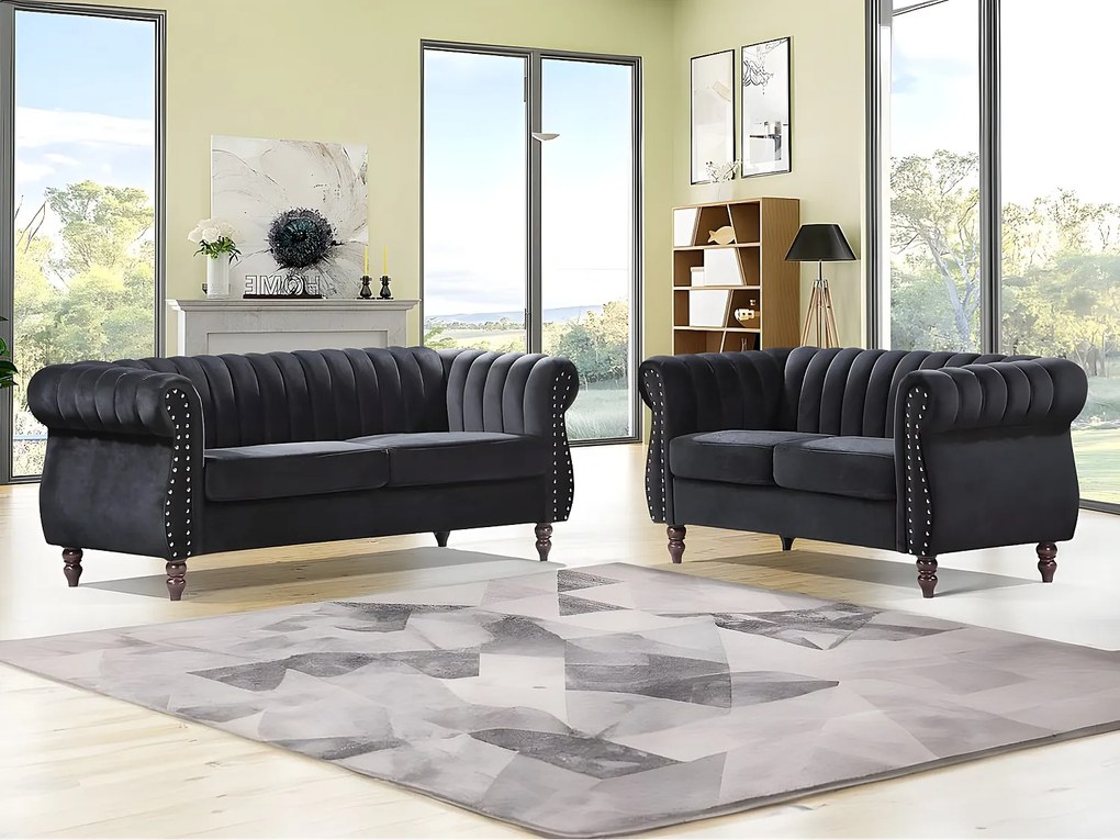 Kanapy chesterfield 3 osobowa i 2 osobowa z czarnego weluru - TRUMBO