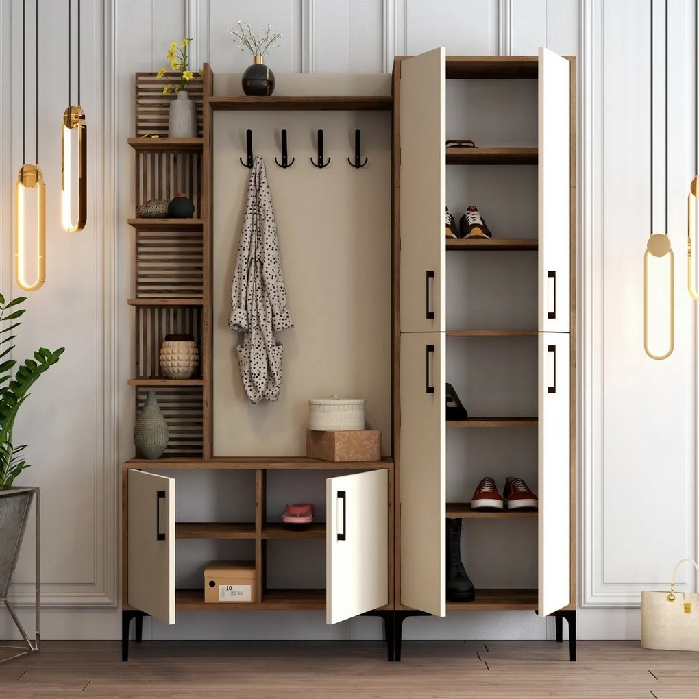 Wieszak z półką na buty, półkami i szafką Viyana Walnut and Cream