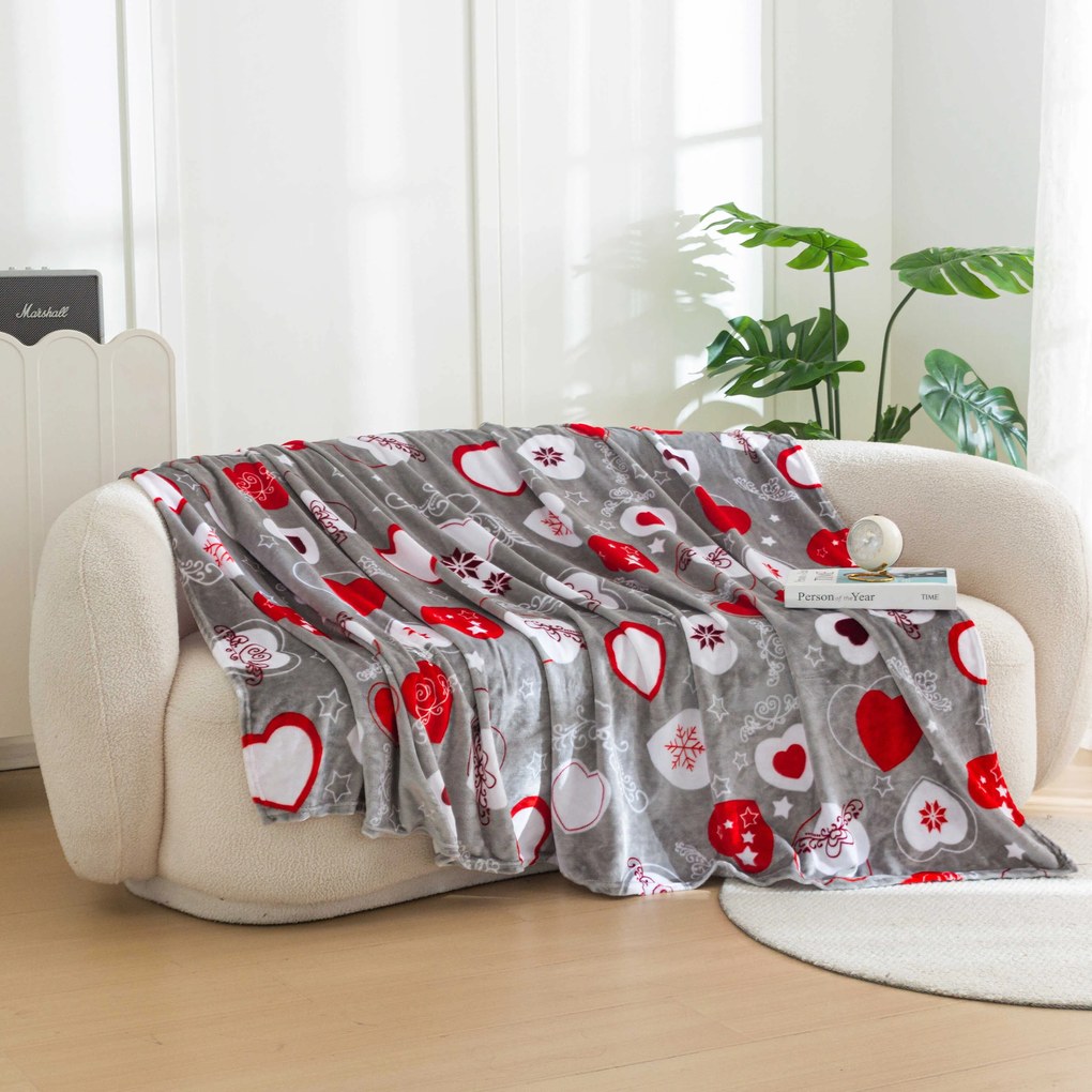 Świąteczny koc z mikropluszuy CHRISTMAS HEART szary Rozmiar: 200 x 220 cm