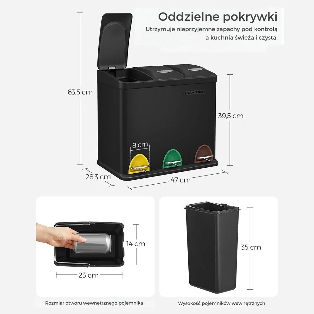 Kosz do segregacji odpadów SORT, 24l (3x8l), czarny SongmicsHome