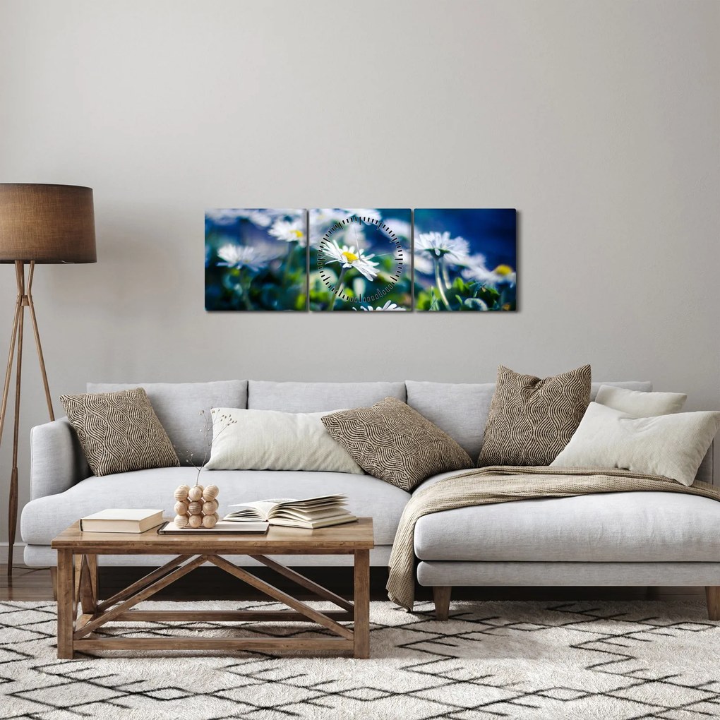 Obraz stokrotek (z zegarem) (90x30 cm)