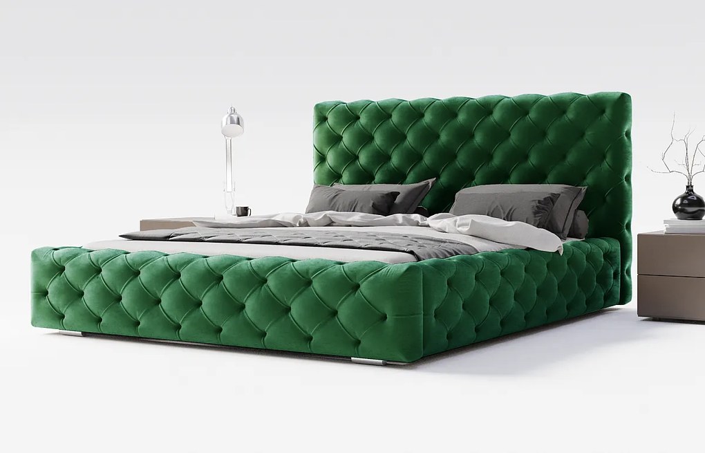 Emporius Paris łóżko tapicerowane 140x200 cm - glamour, pikowanie chesterfield - łóżko dwuosobowe z pojemnikiem, tkanina aksamitna, zielony (Magic Velvet 2225)