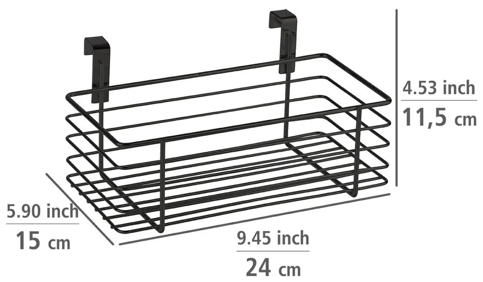 Czarny metalowy koszyk wiszący na drzwiczki kuchenne Wenko Slim, 24x15 cm