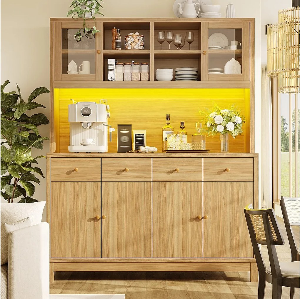 Kredens kuchenny z oświetleniem LED RGB, 6 drzwi, 4 szuflady i przegródki - MDF/szkło - 140 x 38,5 x 180 cm - Drewno naturalne