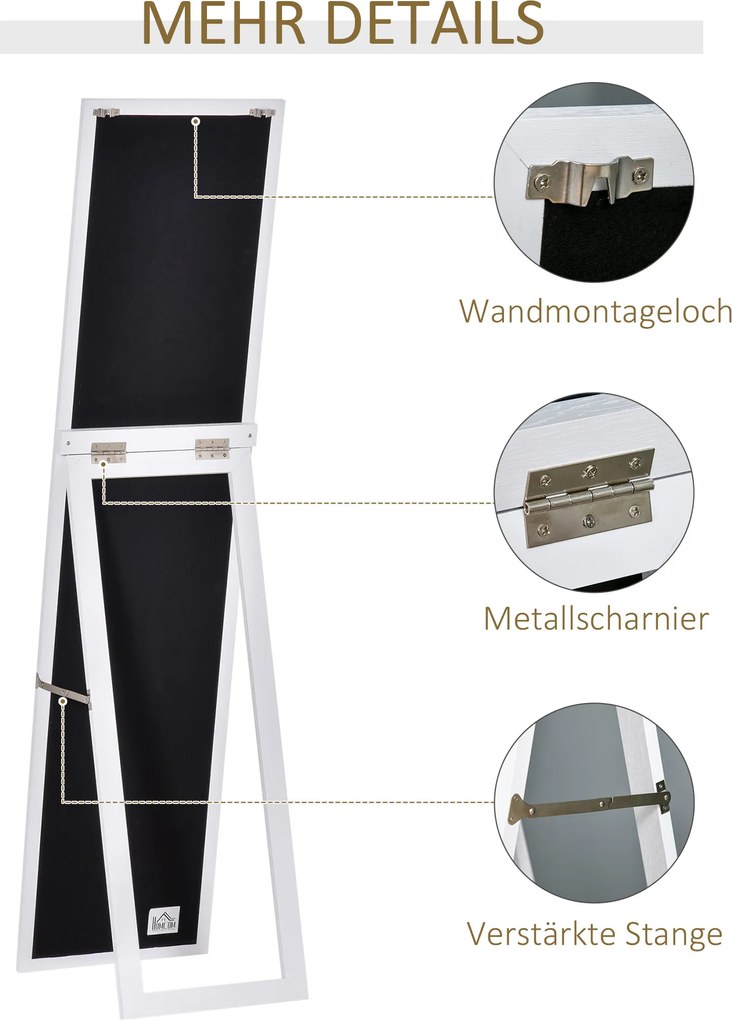 Pełnowymiarowe lustro HOMCOM, wolnostojące, montowane na ścianie, rama MDF, 37 x 37 x 154 cm, Białe