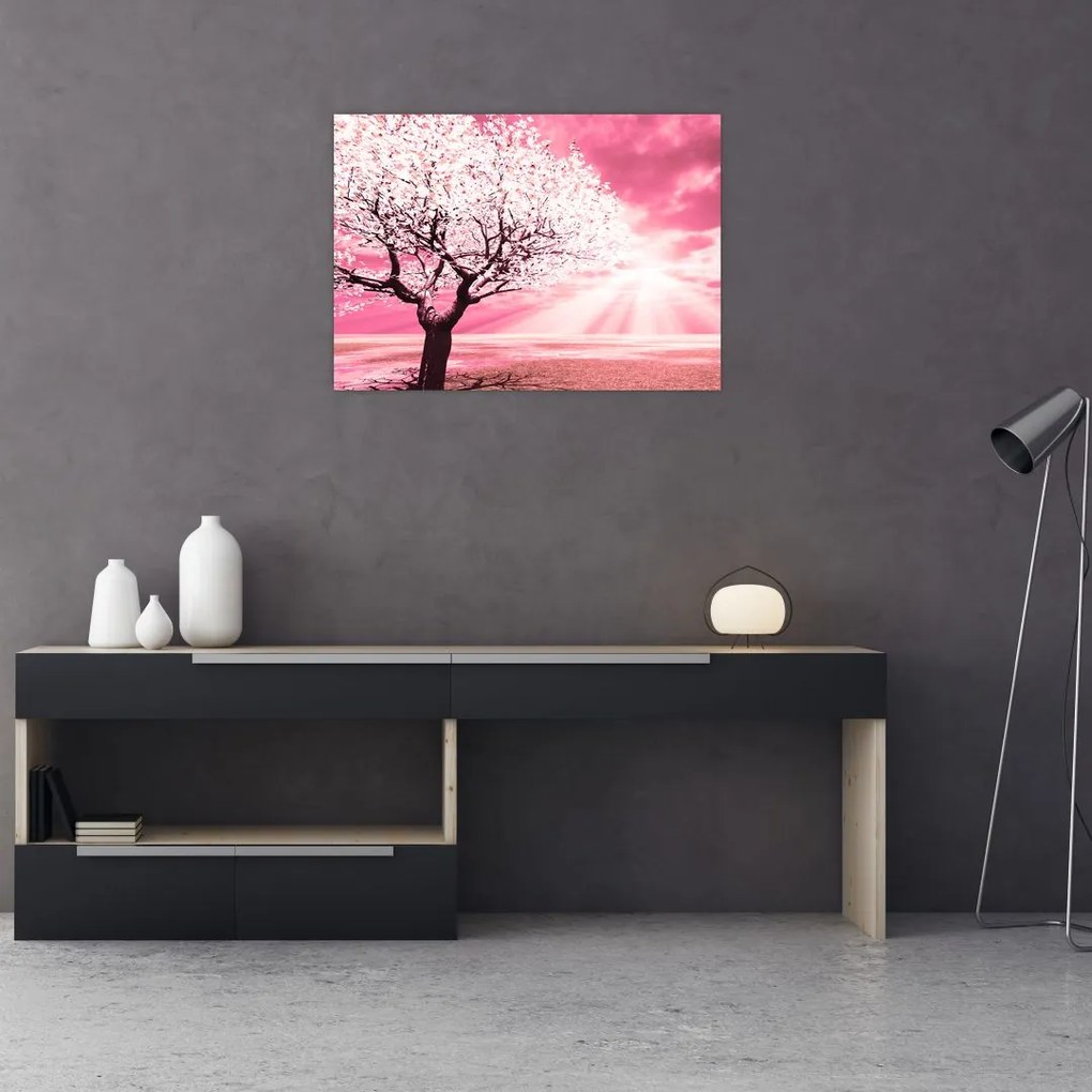 Obraz na szkle - różowy obraz drzewa (70x50 cm)