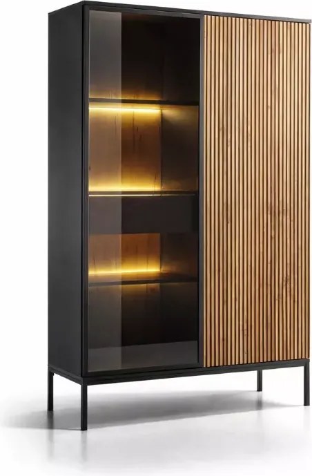 Witryna Shark 104x166 cm LED push to open MDF szkło hartowane stal kaszmir, czarny/dąb wotan