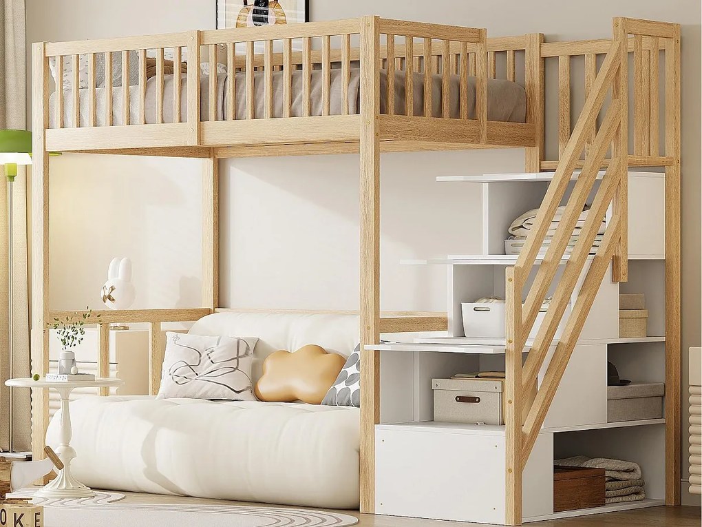 Łóżko mezzanine 90x200cm z litego drewna - z schodami do przechowywania - Naturalne