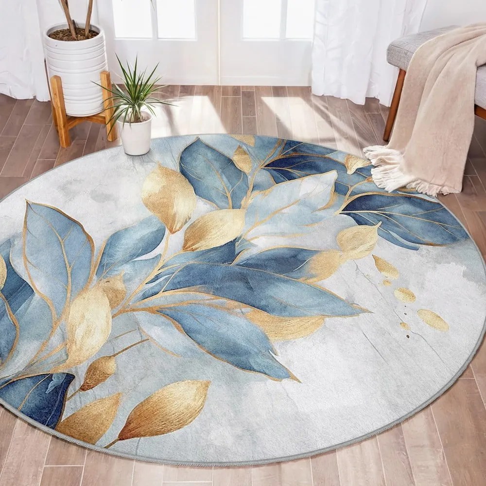 Okrągły dywan w niebiesko-złotym kolorze odpowiedni do prania ø 150 cm Golden Leaves – Mila Home