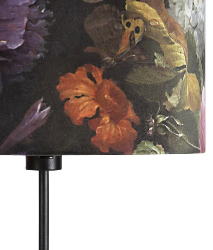 Lampa stojąca czarna z abażurem z aksamitu w kwiaty 35 cm - Parte klasyczny/Antyczny Oswietlenie wewnetrzne