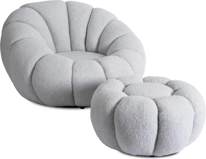 Fotel Wypoczynkowy Obrotowy PETTIT Szary z Pufą w Tkaninie Teddy Boucle