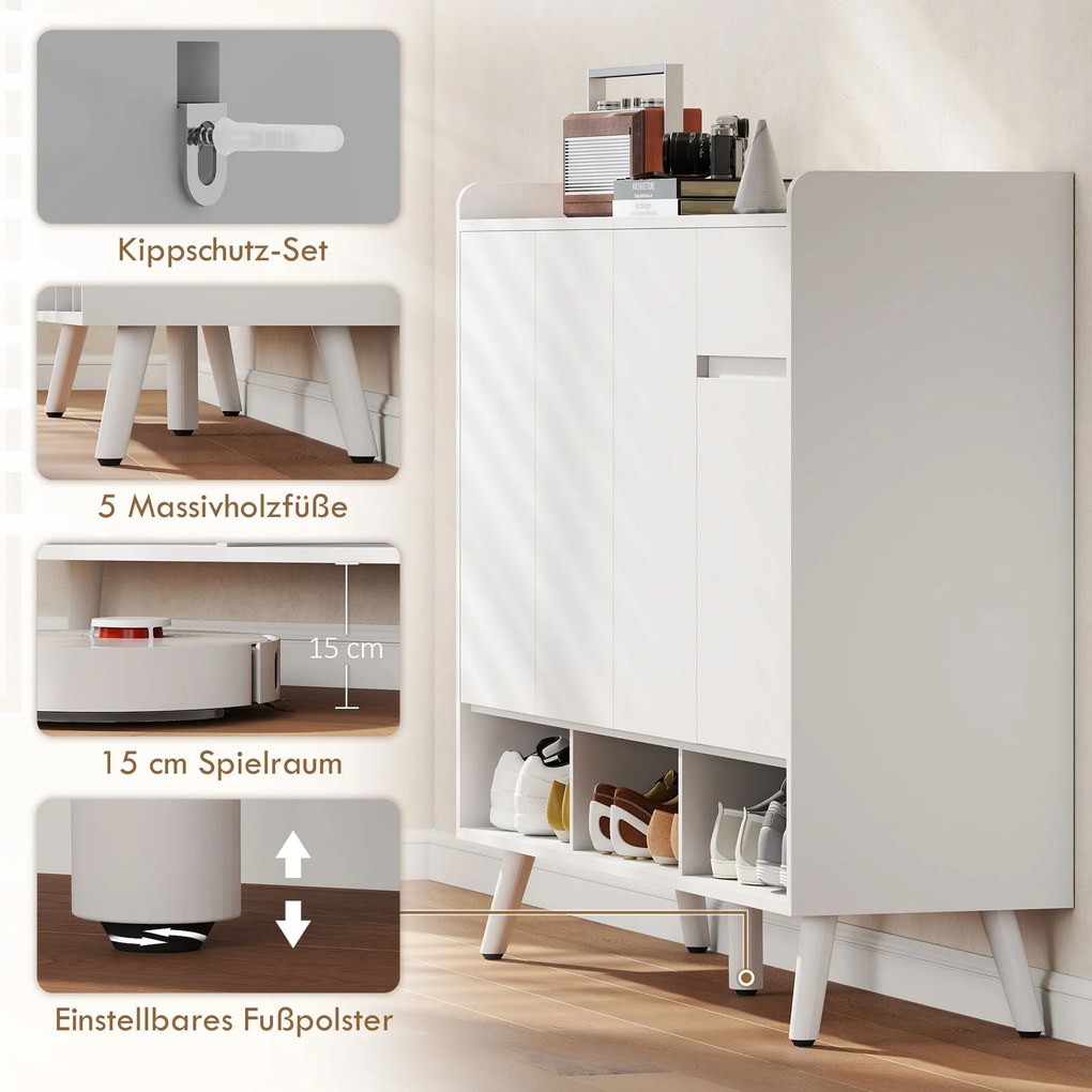 HOMCOM Szafka na buty z bezuchwytowym designem, 4 drzwi, 4 regulowane półki, wolnostojący regał na buty z 5 drewnianymi nogami, drewno, Biały