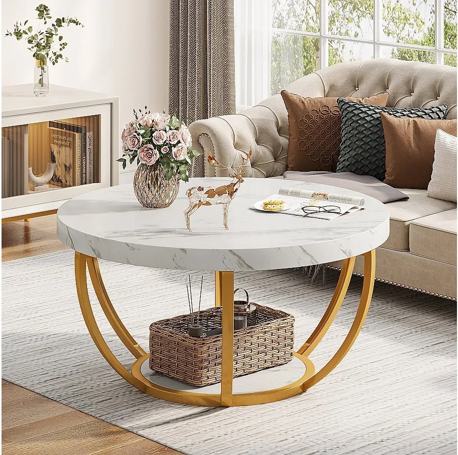 Nowoczesny okrągły stolik kawowy, 2-poziomowy stolik kawowy z wykończeniem z imitacji białego marmuru i złotymi metalowymi nogami