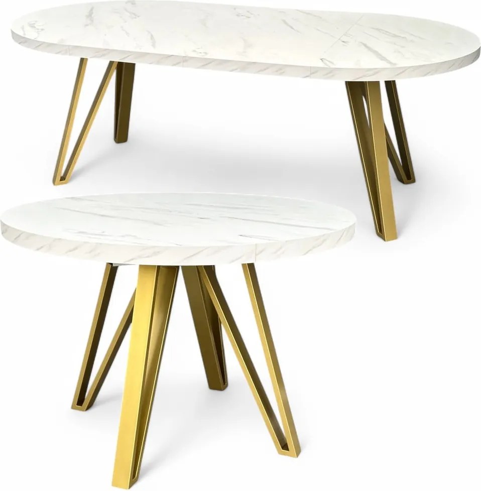Stół okrągły rozkładany MARMUR BIAŁY Ø110/210 cm + ZŁOTE NOGI METALOWE