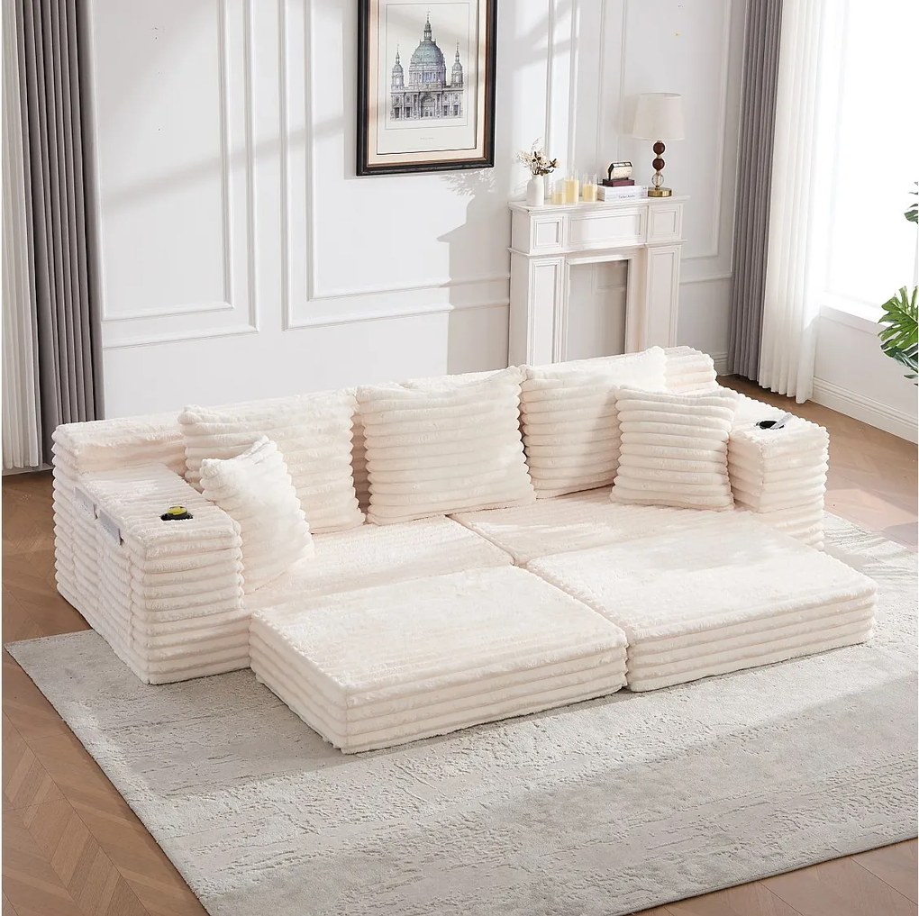 Modułowa sofa 2-osobowa w sztruksie - 107 x 38 x 34 cm - z poduszkami + kieszeniami + uchwytami na kubki - beżowa