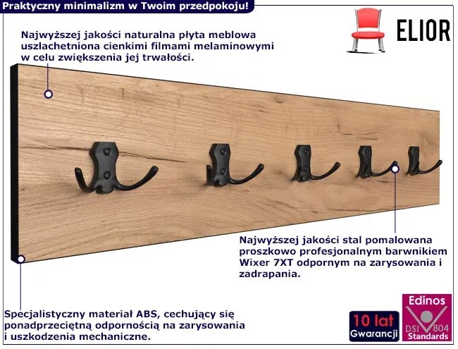 Drewniany wieszak ścienny loft dąb craft + czarny S9-R74