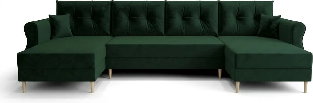 Rozkładana sofa narożna w kształcie U SILVIANO 300x140 cm, ciemnozielona + 2 poduszki GRATIS