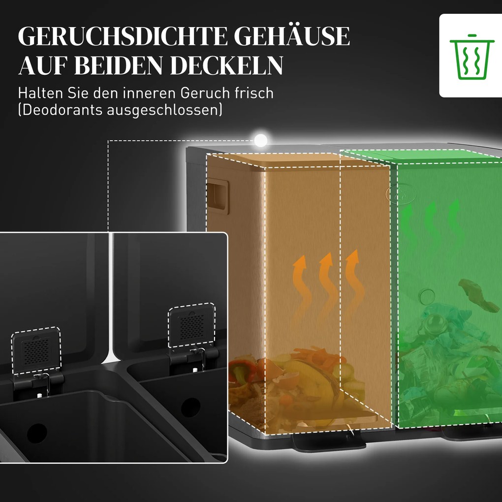 HOMCOM Podwójny kosz 2 x 15 l z pedałem — stal nierdzewna, łatwy w czyszczeniu, czarny