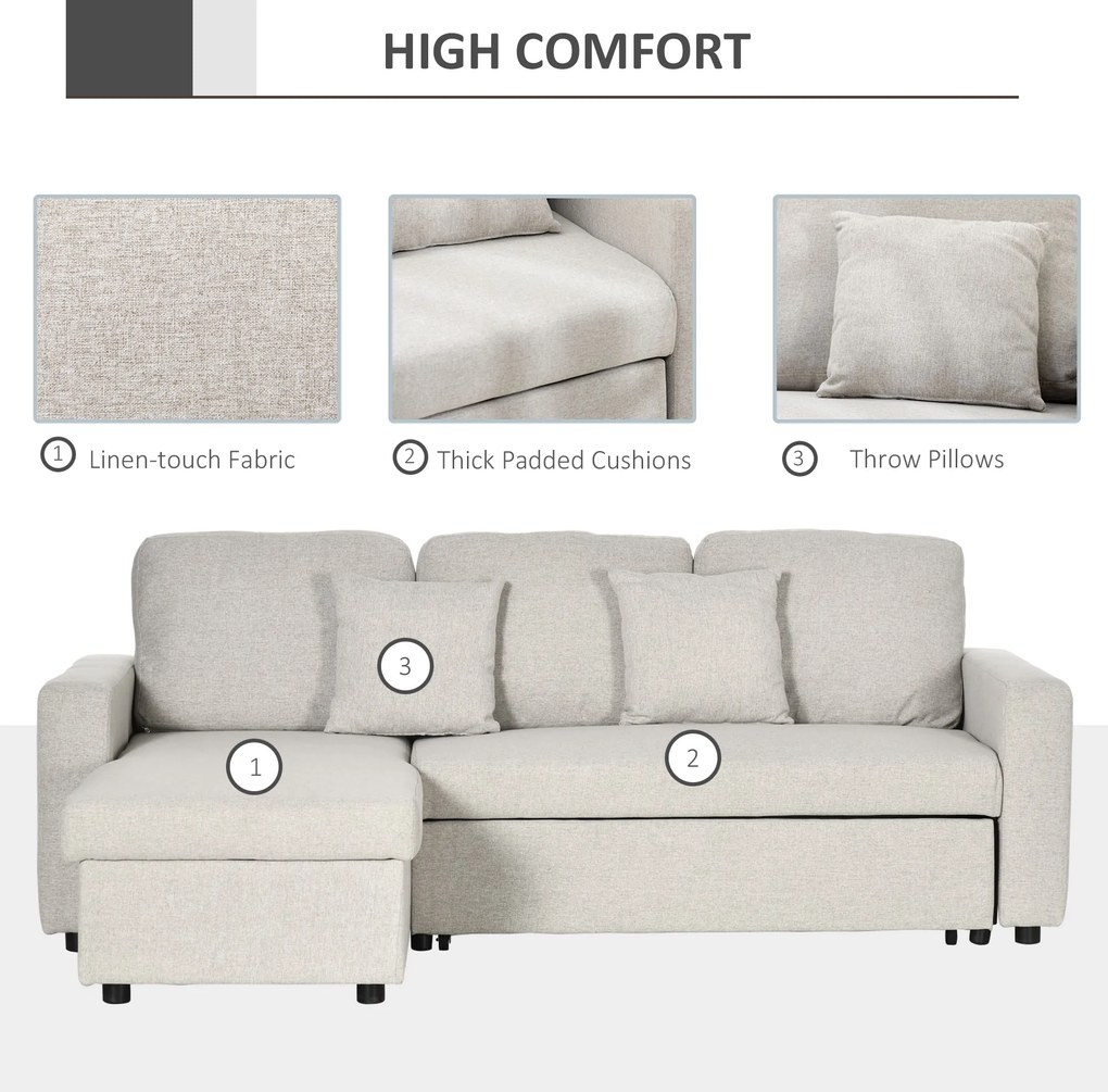 HOMCOM Narożnik z funkcją spania, Zestaw narożny z sofą 2-osobową, Łóżkiem, Narożnikiem L z miejscem do przechowywania, 2 Poduszki Kremowy