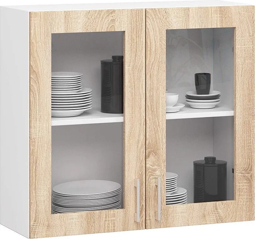 Szafka kuchenna wisząca witryna AKORD LIMA W80 D2 H720 Biała 80 cm 2 drzwi kolor Dąb Sonoma mat 2 półki 80x30,5x72 cm